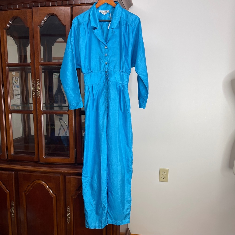 Vintage Joan Walters Electric Blue Long Sleeve Jumpsuit Size 16 Made in USA